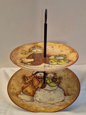 2-Tier Snowman Layered Serving Tray Set with Black Handle